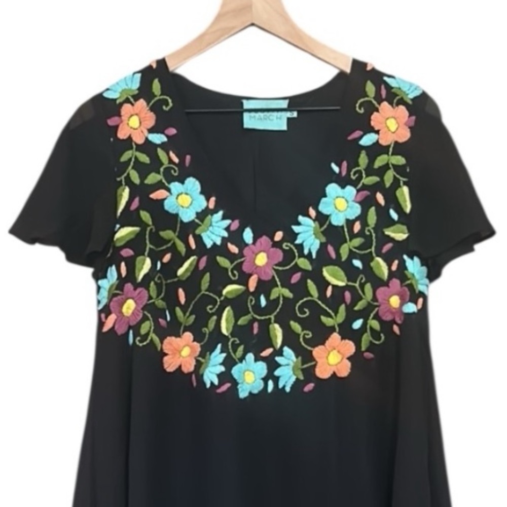 Judith March Flutter Sleeve Multicolor Floral Embroidery Dress Black Size Small - Picture 6 of 12
